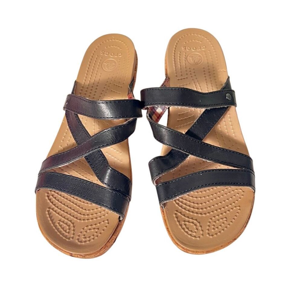 Crocs A-Leigh Leather Cork Wedge Slide Sandal Black Strappy Comfort Women's Sz 8